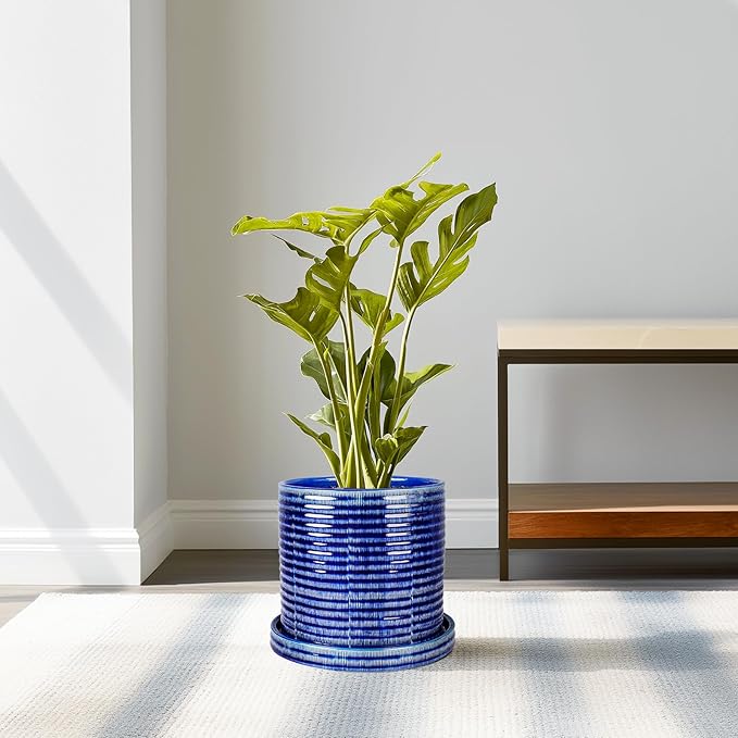 EFISPSS Ceramic Planter Pots, 6+8+10 Inch Planters for Plant Outdoor, Flower Pots with Drainage Hole and Saucer, Planter Pots for Home Garden Patio, Set of 3 - Blue