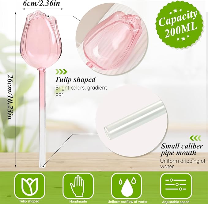 2Pcs Tulips Self Plant Watering Globes, Glass Self Watering Planter Insert, Automatic Plant Waterer Devices Indoor Outdoor (Pink)