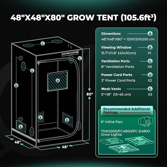 MARS HYDRO 4x4 Advanced Grow Tent, 48"x48"x80" High Reflective Mylar 1680D for Hydroponics Indoor Plant Growing, with Observation Window,Floor Tray and Smooth Zipper for TSW2000/FC4800/FC-E4800