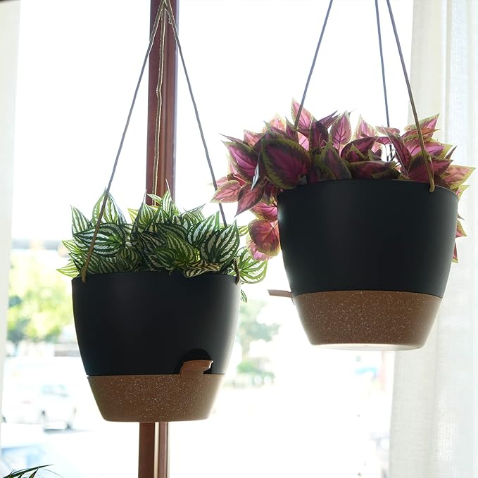 SwinDuck 10 Inch Self Watering Hanging Pots, 2 Pack Hanging Planters with 40oZ Deep Reservior for Indoor Outdoor Plants Flowers, Black with Brown