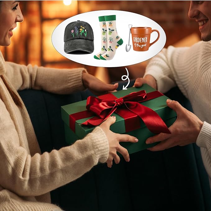 4 Pcs Gift Set for Plant Lovers Women, Mother's Day, Birthday Plants Themed Gift Set with 15oz Coffee Cup Gardening Hat Gardener Plant Socks Shovel Spoon for Lady Mom Gardening Supplies