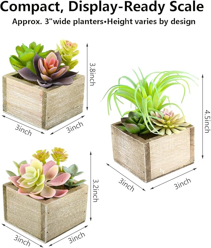 Mingfuxin Artificial Succulents Indoor, Set of 3 Mini Potted Greenery in Rustic Wood Planters, Tabletop Accent for Office, Bathroom Shelf, No Watering