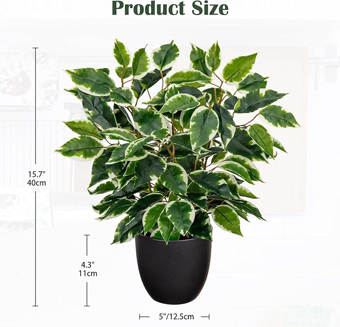 GnFlus Fake Plant 15.7” Artificial Plants Indoor Small Ficus Potted Plants Silk Plants Faux Topiary Plant for Home Bathroom Bedroom Dining Room Kitchen Window Shelf Desk Centerpieces Tabletop Decor