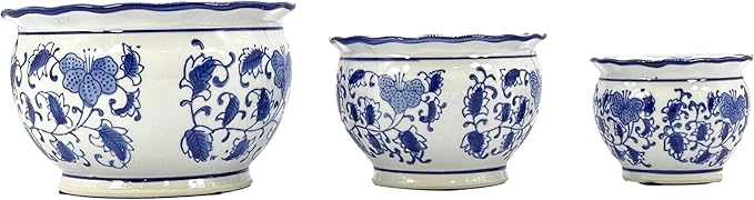 Galt International Blue & White Floral Porcelain Ceramic Decorative Compact Flower Pot 8"/6"/4.5" Diameter Garden Pots Chinese Asian Design - Set of 3 Round Pots