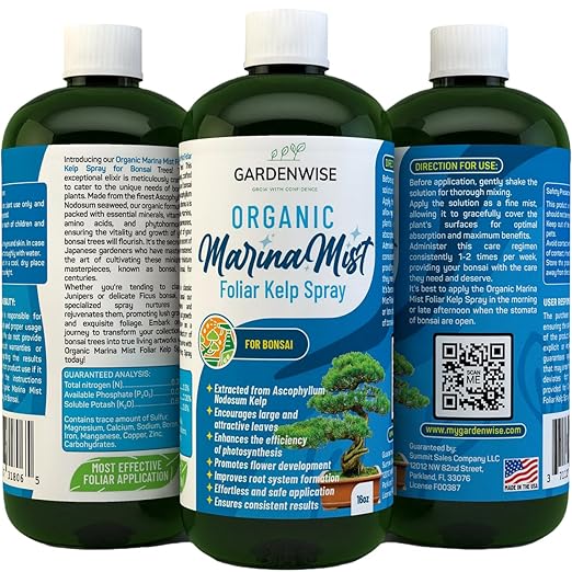 GARDENWISE Organic Marina Mist Foliar Spray for All Live Indoor and Outdoor Bonsai Tree Plants | Micro Nutrients for Vital Bonsai Health | Gentle Formula | Liquid Plant Food | Quick Results (16 oz)