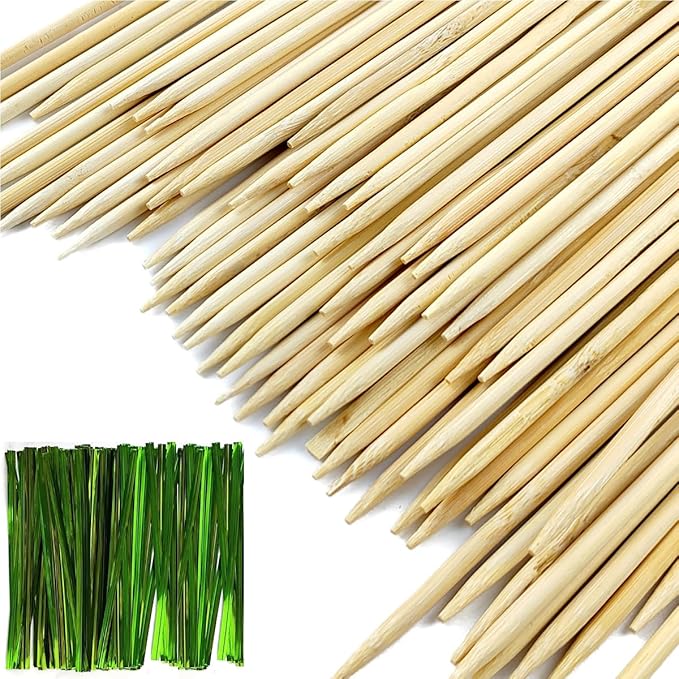 TIHOOD 200PCS/Set Bamboo Plant Stakes Kit, 50PCS Orchid Clips with 50PCS 18” Green Bamboo Plant Stakes, 100PCS Metallic Twist Ties for Supporting Stems Vines Stalks Grow Upright (Yellow)