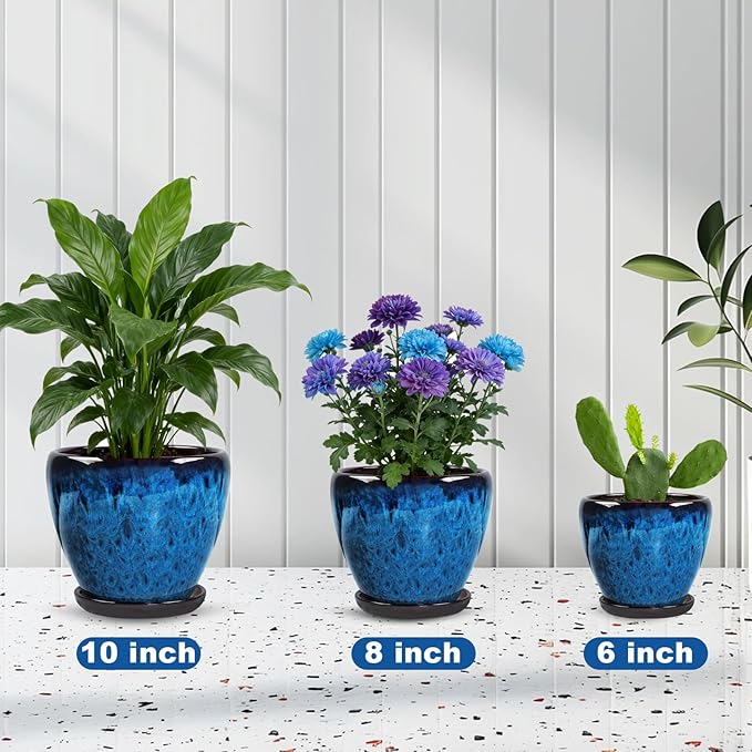 Ceramic Plant Pots with Saucer,8 inch Glaze Planters for Indoor Plants with Drainage Holes, Decorative Flower Pots Outdoor, Modern Orchid Pots for Home Room Decor