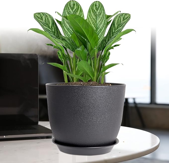 UOUZ 12/10/9 Large Modern Plant Pots, Plastic Planters with Drainage Holes and Saucers for Indoor Outdoor Plants Flowers, Black