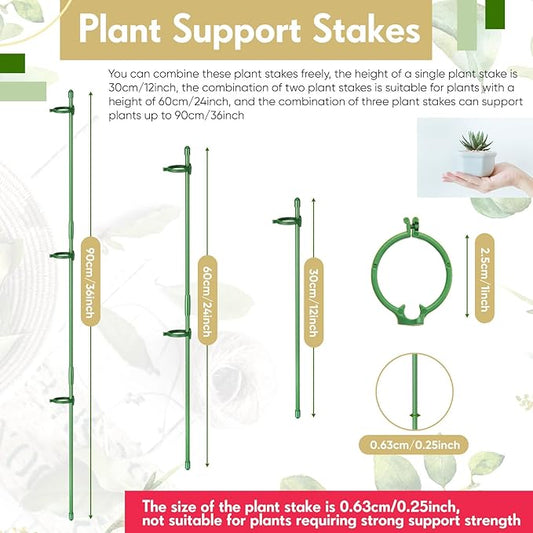meekoo 12 Pcs Adjustable Garden Plant Support Stakes Single Stem Plant Cage Support Rings with Clips and Connect Pipe for Orchid Rose Tomato, 12 Inch (Green)