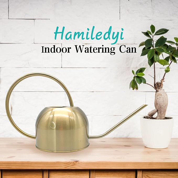 Hamiledyi 50 oz/1500 ml Stainless Steel Watering Can with Long Spout Metal Watering Can Indoor Outdoor Flower Watering Pot for Garden Orchid Bonsai Office Desk Plants (Golden)