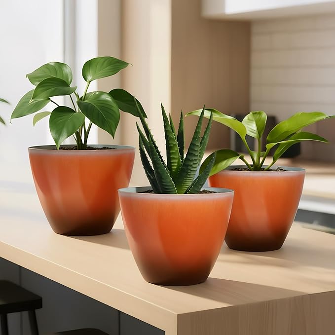 Vanslogreen Plant Pots for Indoor Outdoor Plants, Pack of 4 Plastic Flower Pots with Drainage Holes and Saucers, 8 Inch Glazed Planters for Indoor Plants Office Home Decor (Orange, 4pcs)