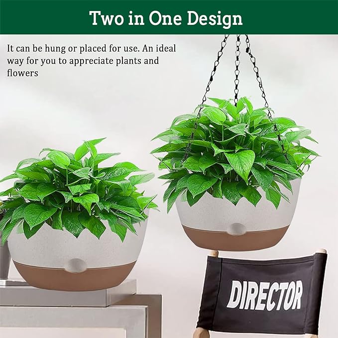 Koalaime Hanging Planter Self Watering 10 Inch, 2 Pack Indoor Outdoor Hanging Baskets, Hanging Flower Pots with Drainage Hole & 2 Kinds of Plant Hangers for Garden Home Decor(Black Hanger