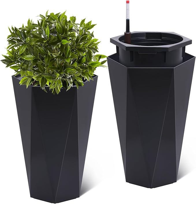GarveeLife 22.5 in Tall Diamond Planters Set of 2, Self Watering Planters with Water Level Monitor, Flower Pots Outdoor and Indoor for Patio, Porch, Living Room, Home Office, Black