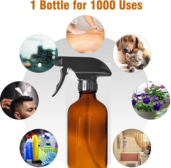 LANBEAUTIFY 8oz Amber Glass Spray Bottles - 2 Pack Empty Refillable Bottles for Cleaning, Hair Care, Essential Oils, Plants - Includes Durable Nozzle, Labels, Funnel & Dropper, Handheld Size