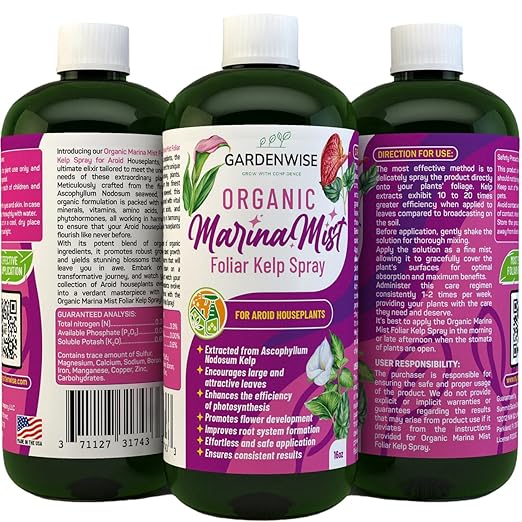 GARDENWISE Marina Mist: Organic Aroid Plant Food & Foliar Kelp Spray - Nourish & Enhance Peace Lily, ZZ Plant, Elephant Ear, Monstera, Aglaonema, Philodendron, Pothos, Colocasias - Easy to Use (8 oz)