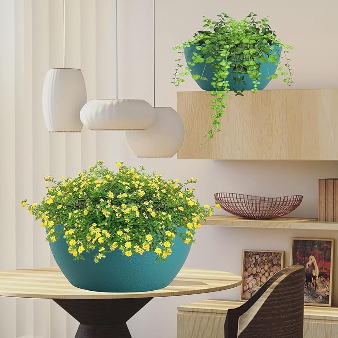 WSMKSZ 13 inch Large Hanging Planters Plant Pots for Outdoor Indoor Plants with Drainage Holes and Chain, 2 Pack Round Hanging Flower Pots for Garden Home Porch Decor, Blue Green