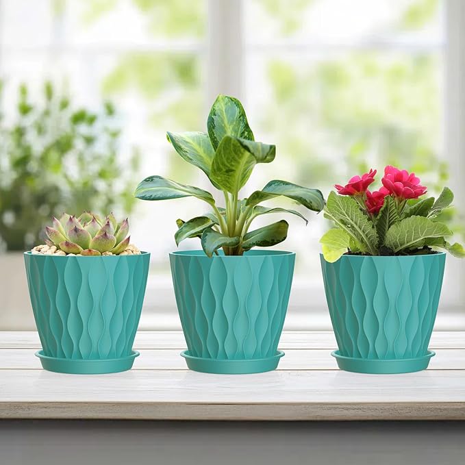 UOUZ 12 Pack 4 Inch Small Plant Pots with Saucers, Waffle Texture Plastic Planters with Drainage Holes for Indoor and Outdoor Plants, Flowers, Herbs, Succulents, and Seedlings, Blue