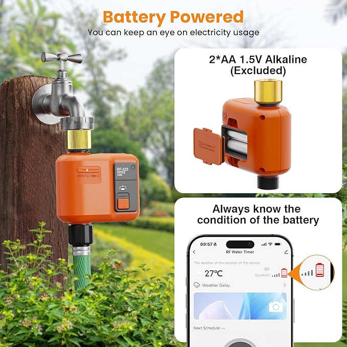 WiFi Water Timer for Garden Hose, Smart Sprinkler Timer with 984ft Long Range, Strong Wall Penetration, APP & Remote Control, Voice Control, Rain Delay, Manual Mode, Watering System for Yard & Lawn