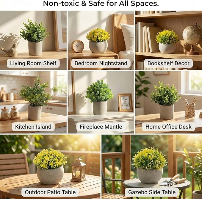 5 Pack Fake Plants, Artificial Eucalyptus & Greenery in Cement Pots - Small Potted Faux Plants for Indoor Outdoor Shelves, Desk, Table, Farmhouse Bathroom, Office & Modern Home Decor