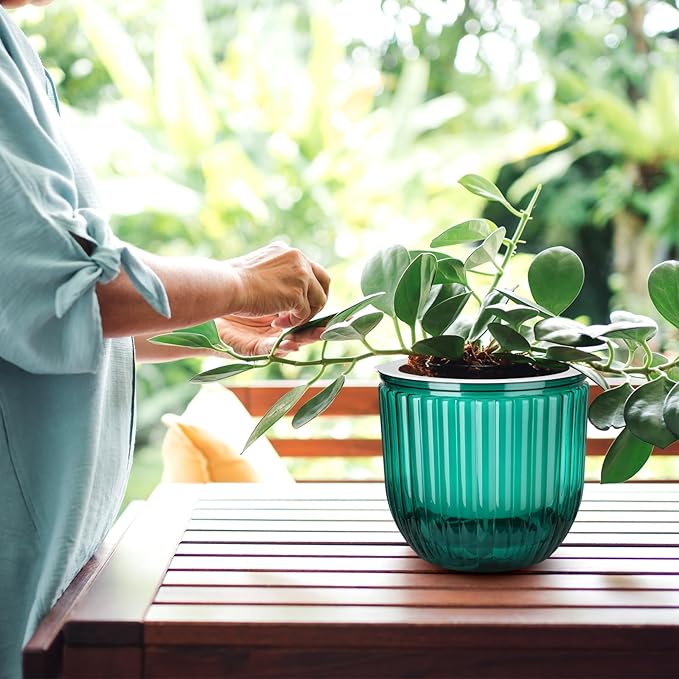 3 Pcs Self Watering Pots for Indoor Plants Planters with Drainage Holes 8.3" 6.5" 4.5" Flower Pots Durable Plastic with Wick Rope and Reservoir Emerald Green Clear for Herbs African Violet