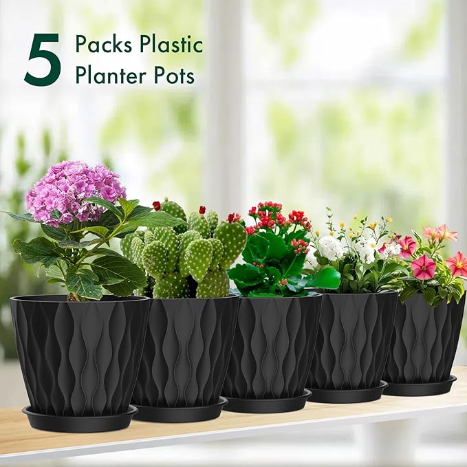 Meowell 4 inch Small Plastic Nursery Pots, Seedling Pots, 5 Set Water Ripples Plant Pots for Indoor Plants, Flower Pots with Drainage Holes and Saucers, Seed Starter Pots for Succulent Plants, Black