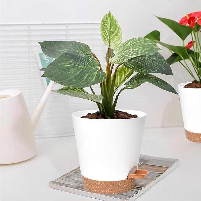 Vanslogreen Planters for Indoor Plants 7/6.5/6/5.5/5 Inch, Self Watering Planters with Drainage Holes and Saucers 5 Pack Plastic Pots for Plants, Succulents, Herbs, Cactus, Flower Pots, White