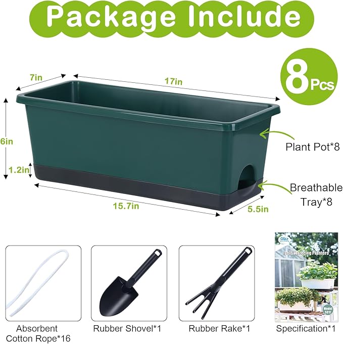 Oliz Window Box Planter 8 Pcs, 17 Inches Rectangle Flower Pots with Drainage Holes & Trays, Vegetable Planters for Windowsill Patio Garden Balcony Home Indoor Outdoor (Dark Green, 16 * 7 * 6 inch)