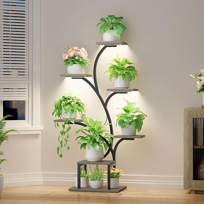 BACEKOLL Plant Stand Indoor with Grow Lights, 7 Tiered Indoor Plant Shelf, 49" Corner Plant Stands for Indoor Plants, Metal Plant Flower Display Shelf, Tree-Shaped Plant Rack for Home, Patio, Grey