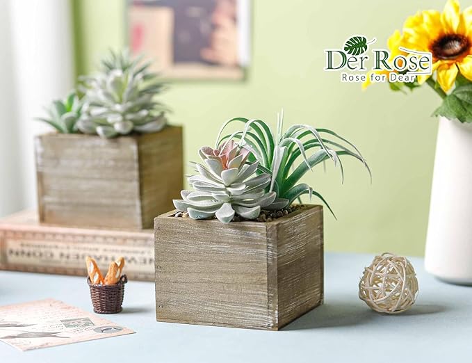 Der Rose 2 Pack Fake Plants Succulents Plants Artificial Cactus Plants in Wood Pots with Pink Flowers for Farmhouse Bathroom Decor