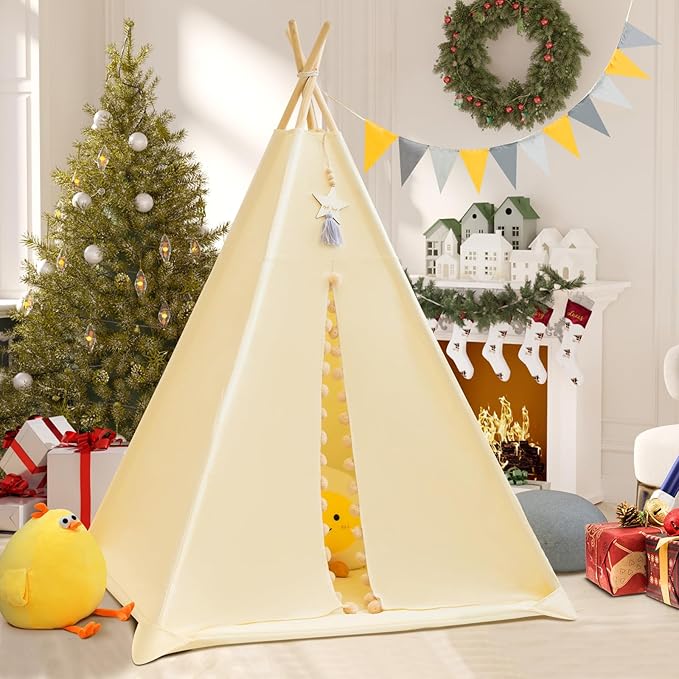 WIRHAO Teepee Tent for Kids with Padded Mat Cotton Canvas Kids Teepee with Pompom for Toddlers Indoor Play Tent for Girls Boys with Stars Lights, Carry Bag, Banner Flag (Cream)