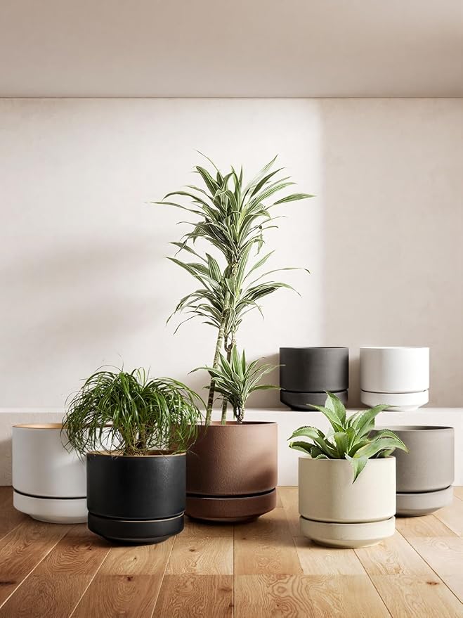 LE TAUCI 12 Inch Pot for Plants with Saucer, Ceramic Indoor Planter Pot with Drainage Hole, Mesh Pad & Plug Included, Matte Glazed Outside, Modern for Home and Office, Alpine White & Ochre
