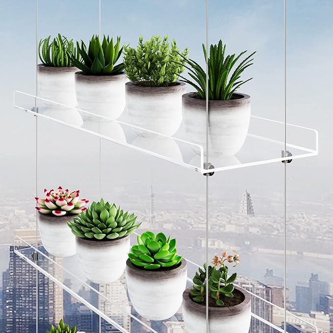 OtNiap 2-Tier Clear Hanging Window Plant Shelves 16inch,Indoor Windows Wall Hanging Plant Stand Flower Display,Flower Pot Organizer Storage for Window Grow Herbs,Microgreens,Succulents,Flower