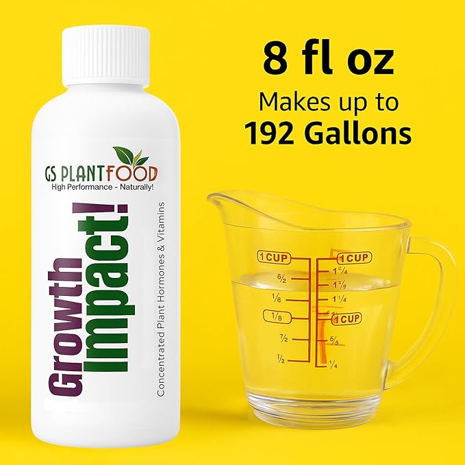 Growth Impact Super Concentrated Vitamin Solution - GS Plant Foods Plant Liquid All Purpose Plant Nutrition Vitamins and Hormones for All Types of Plants, Trees or Turf (8oz)