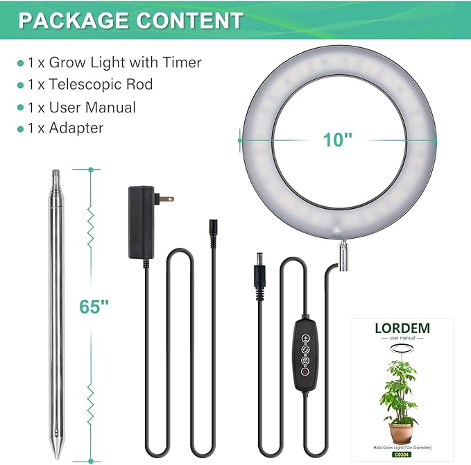 LORDEM 10" Full Spectrum Grow Light, 160 LEDs Plant Lamp for Indoor Plants, Grow Lamp with 4/8/12H Auto Timer, 6 Dimmable Levels, 3 Spectrum Modes, 65" Height Adjustable, Ideal for Large Tall Plants