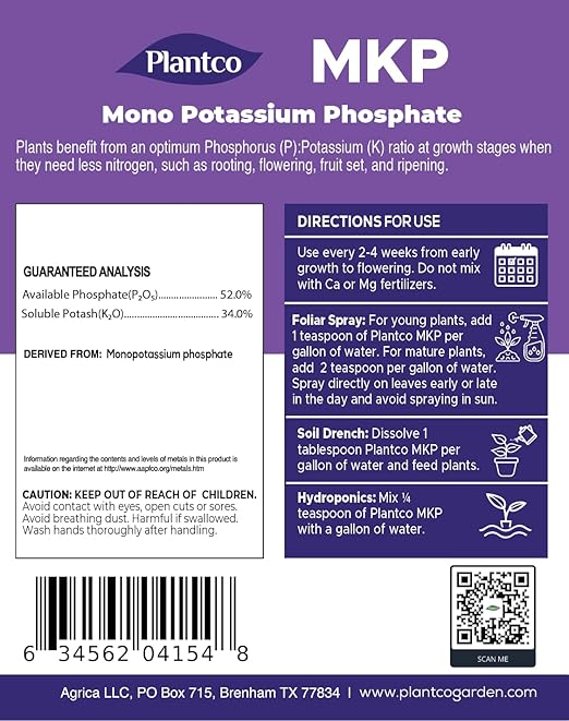 Monopotassium Phosphate Fertilizer MKP 0-52-34 from Plantco | Promotes Root & Flower Growth, Bloom Booster | Horticulture Grade Soluble Plant Food | 2 lb Bag