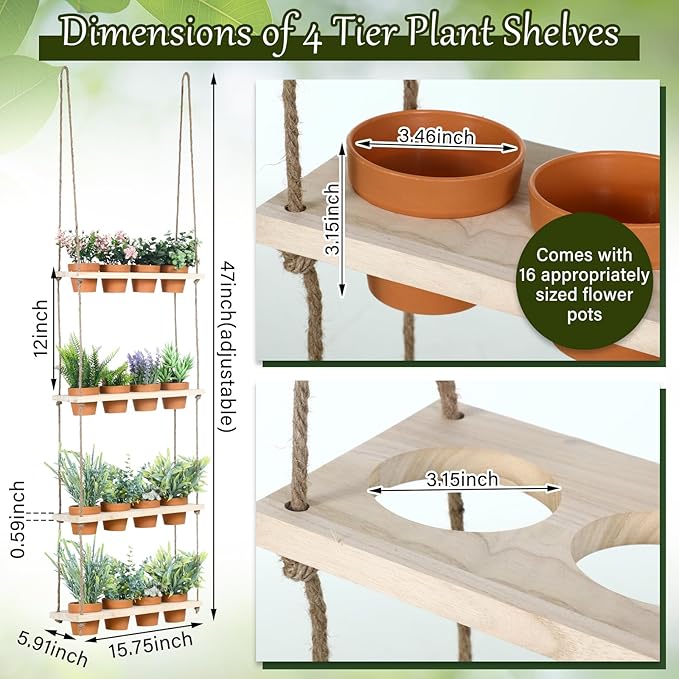 FillTouch 4 Tiered Window Plant Shelves Hanging Herb Planter Indoor Display with 16 Pcs Flower Pots Wood Window Plant Hanger for Grow Herbs Succulents Microgreens Seedling Organization