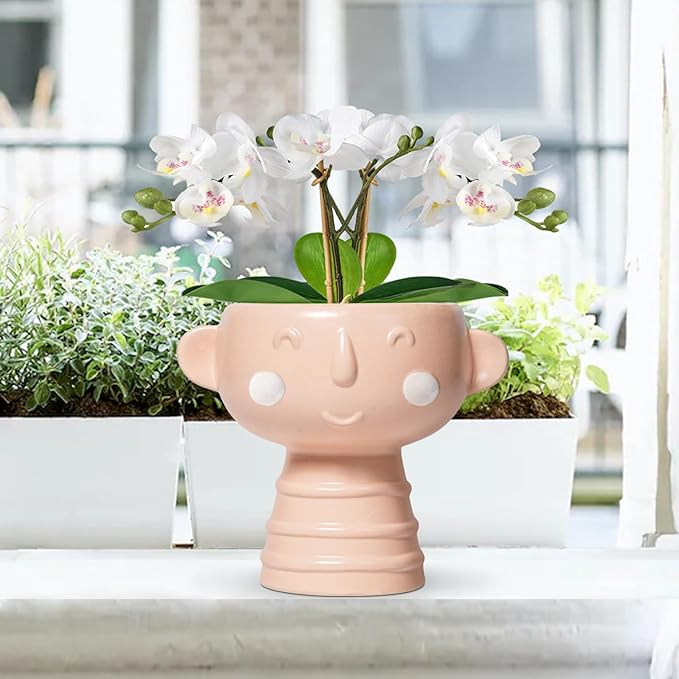 Face Planter Pots Head 7 Inch - Ceramic Face Pot for Plants Indoor Outdoor, Cute Decorative Plant Pots with Drainage Hole, Succulent Planters, Living Room Decor, Valentine Gifts, Matte Pink