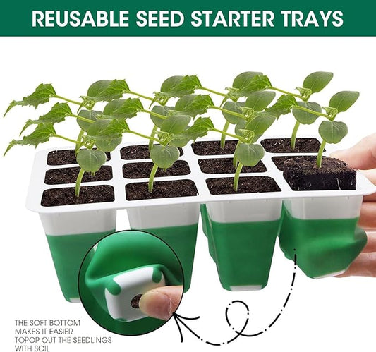 Self Watering Seed Starter Tray with Grow Light, 10-Pack 120-Cell Reusable Seed Starter Kit with Soft Silicone, Plant Germination Trays with Humidity Dome for Seeding Planting Growing