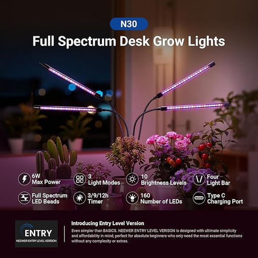 NEEWER ENTRY LEVEL VERSION Four Bar Grow Lights for Indoor Plants, Full Spectrum Clip Plant Growing Lamp with 160 Blue, Red, White LEDs, 3/9/12H Timer, Dimmable for Gardening Seed Starting Bonsai, N30