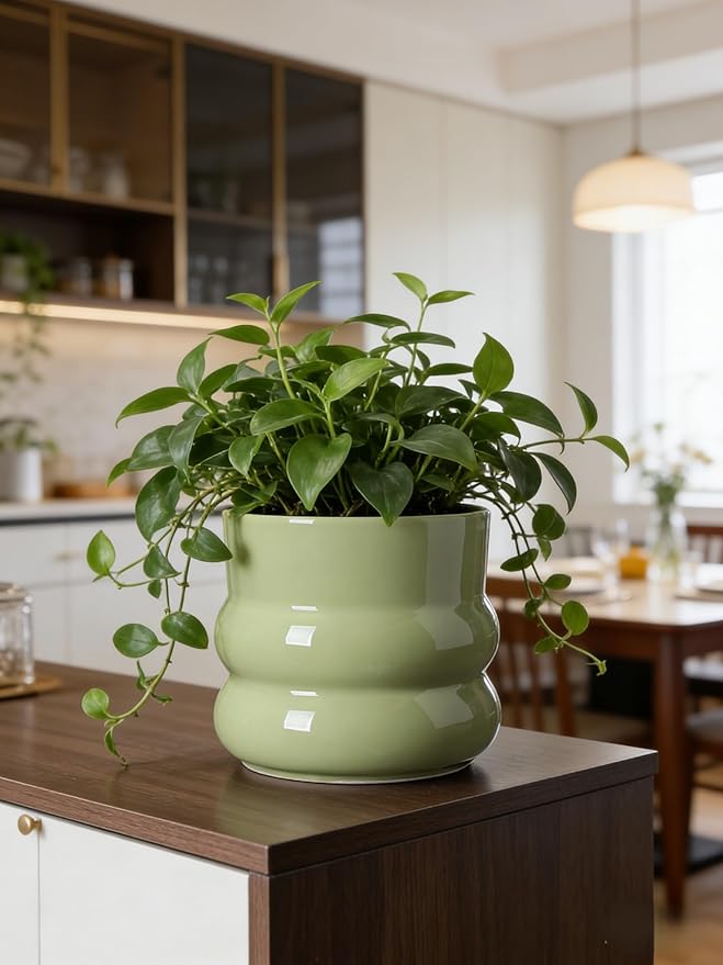 6 Inch Plant Pot,Ceramic Planter Pot with Drainage Hole,Indoor Planters for Herbs Plants,Ceramic Flower Pots for Indoor/Outdoor Plants,Home Office Garden Décor,Green