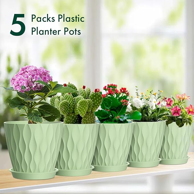 Meowell 6 inch Plant Pots, 5 Set Water Ripples Flower Pots for Indoor Outdoor Plants, Plastic Planters with Drainage Holes and Saucers, Nursery Pots for Small Succulent Garden House Plants, Green