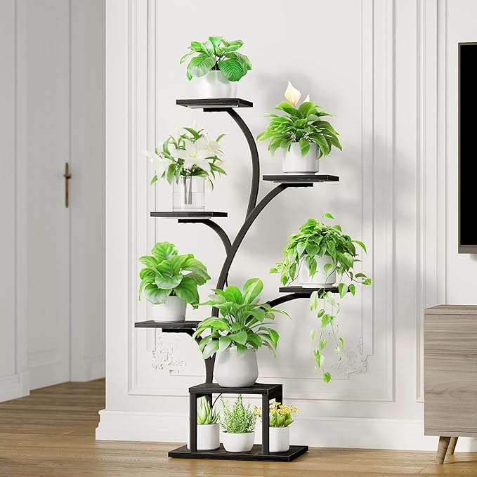 BACEKOLL Plant Stand Indoor with Grow Lights, 7 Tiered Indoor Plant Shelf, 49" Corner Plant Stands for Indoor Plants, Metal Plant Flower Display Shelf, Tree-Shaped Plant Rack for Home, Black