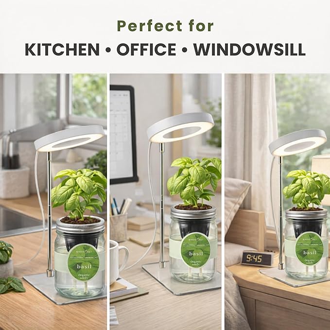 Indoor Herb Garden Kit with LED Grow Light – Hydroponic Mason Jar Basil Growing Kit with Organic Seeds, Self Watering Indoor Gardening System, No Soil Needed, Perfect for Kitchen Windowsill