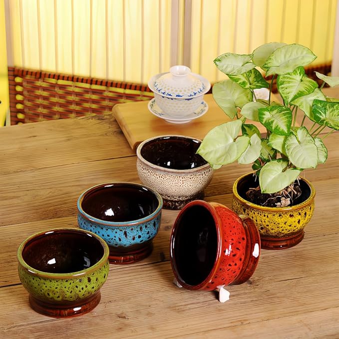 Cute Circular Ceramic Home Garden Decoration Succulent Cactus Flower Pots Container No Tray -Plant Not Included (Green, 4.3 inch)