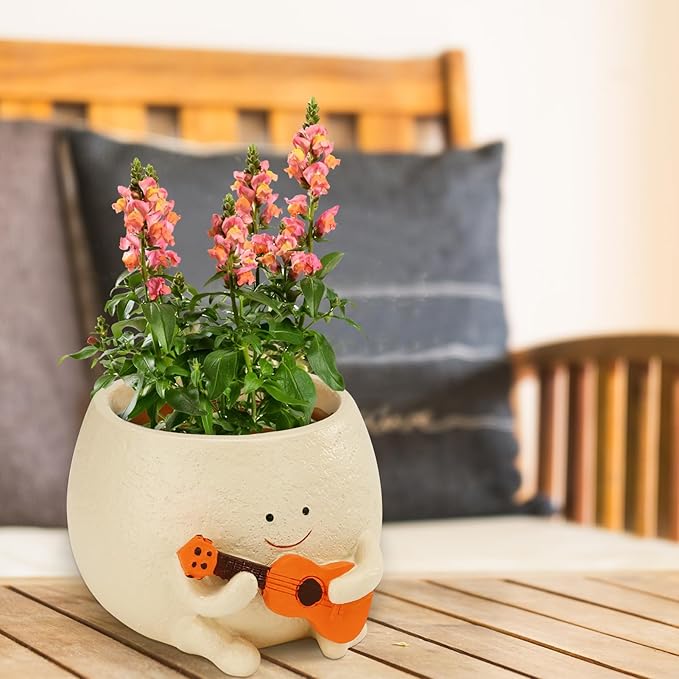 Face Planter Pot Funny Smiley Head Plant Pots with Drainage Hole for Indoor Plants, Cute Guitar Succulent Flower Pot, Unique Gifts on Birthday, Christmas