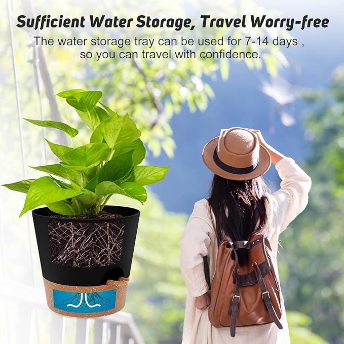 YNNICO 10-Inch Plant Pots, Self-Watering Planters with Drainage Holes & Saucers for Indoor and Outdoor Plants (2-Pack, Black)