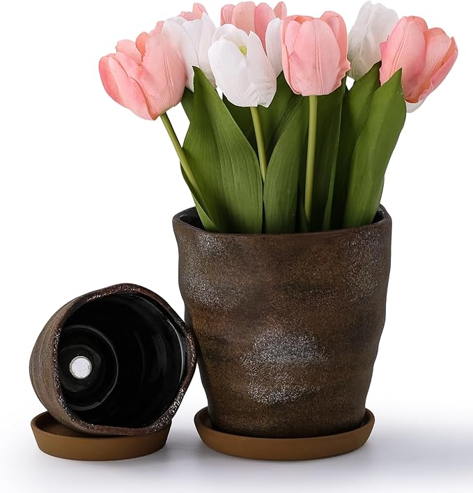 Modern Irregular Ceramic Planter Set of 2-4+6 Inch Unique Reactive Glaze Flower Pots with Drainage Holes & Saucers - Indoor Outdoor Decorative Succulent Orchid Pots,Brown