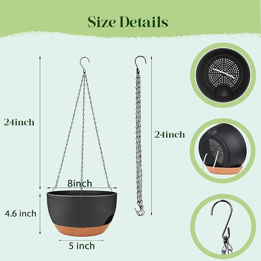 Set of 4-8 Inch Self Watering Hanging Planters for Indoor Outdoor,Hanging Plant Pots with Drainage & Removable Tray, Hanging Pots Holder for Ivy, Pothos, Ferns, Balcony & Patio, Black Brown