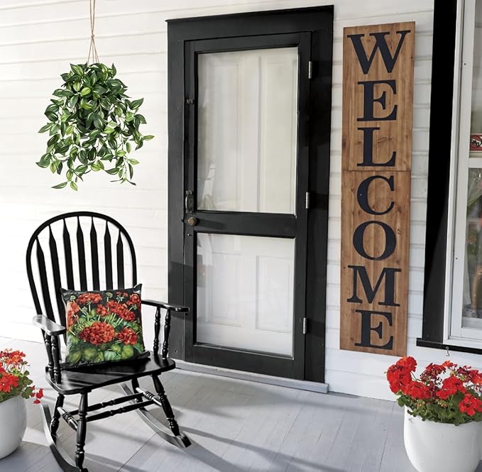 Briful Artificial Hanging Plants in Black Pot 17.7" Lifelike Trailing Faux Watermelon Peperomia Silk Plant with Cascading Green Leaves Fake Hanging Greenery for Indoor & Outdoor Home Garden Décor