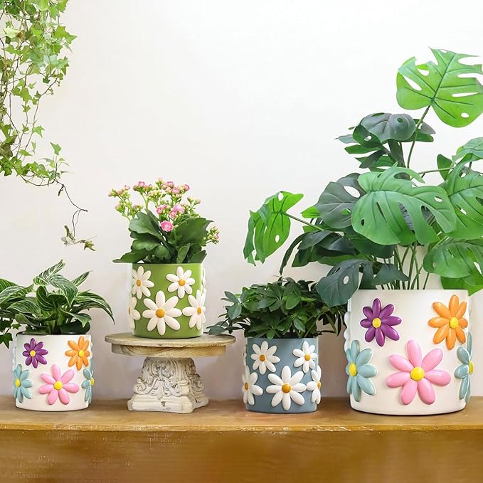 GUGUGO 8 Inch Daisy Planters, Decorative Large Plant Pots with Drainage Holes, Funny Unique Flower Pot for Indoor Plants, Colorful Gardening Pot for Boho Modern Home Décor, Blue